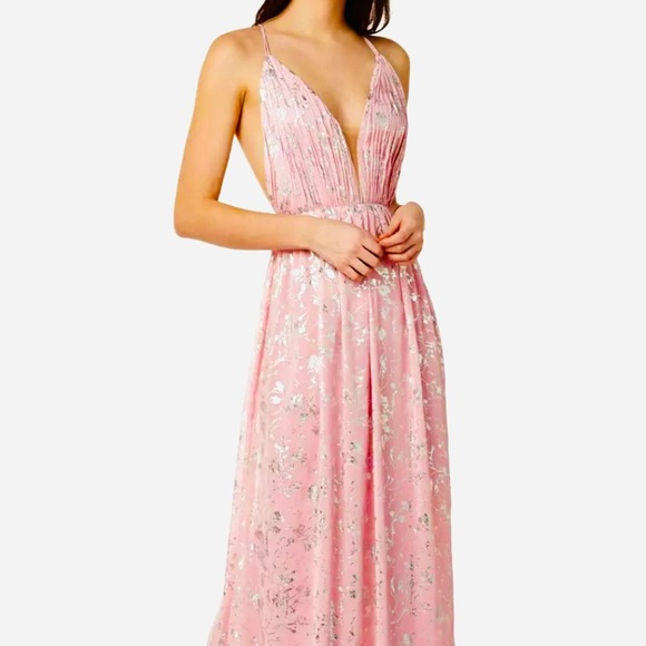 Love by Theia Pink Foil Print Low Back Maxi with Plunging Neckline - Picture 3 of 9